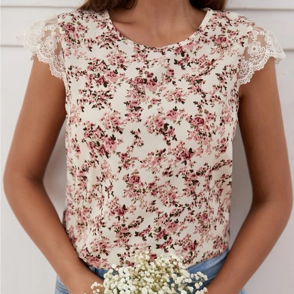 Boho Floral Print Lace Top Blouse shirt - Picture 4 of 8